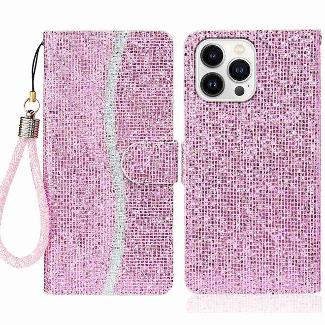 iPhone 14 Pro Handy Hülle - Glitzer Leder Bookcover - PU Leather Bling Series - rosa