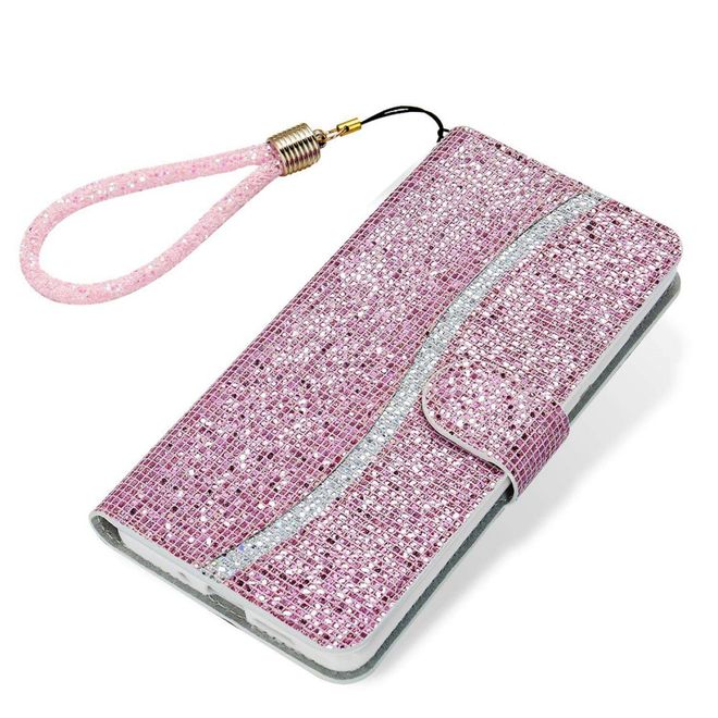 iPhone 14 Pro Handy Hülle - Glitzer Leder Bookcover - PU Leather Bling Series - rosa