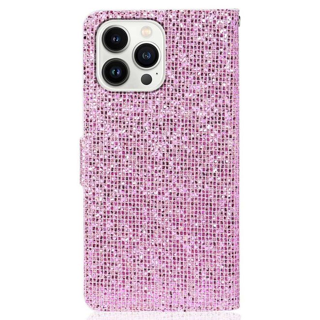 iPhone 14 Pro Handy Hülle - Glitzer Leder Bookcover - PU Leather Bling Series - rosa