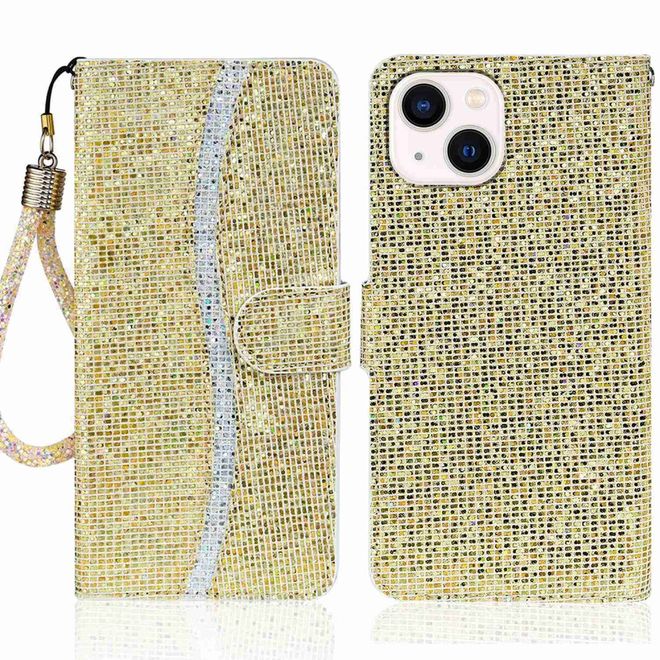 Étui pour iPhone 14 - Couverture en cuir pailleté - Collection Bling en cuir PU - Or