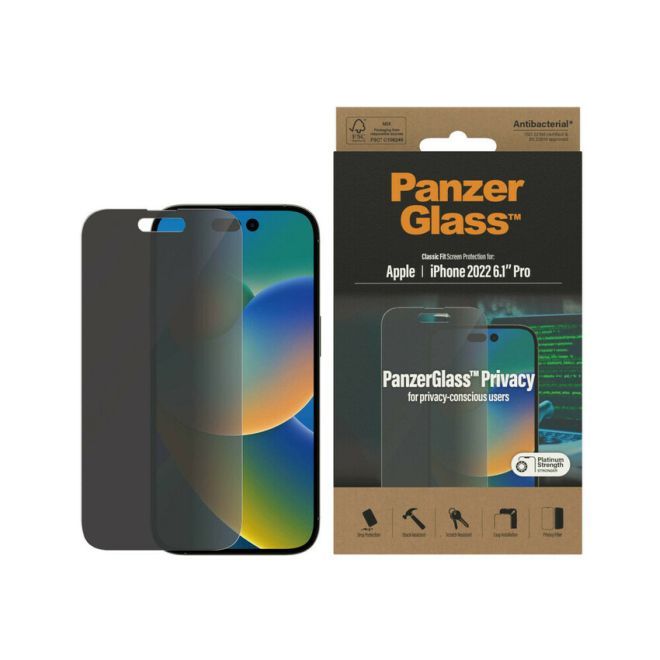 PanzerGlass - iPhone 14 Pro Displayschutz aus gehärtetem Glas - Privacy Classic Fit (P2768) - schwarz