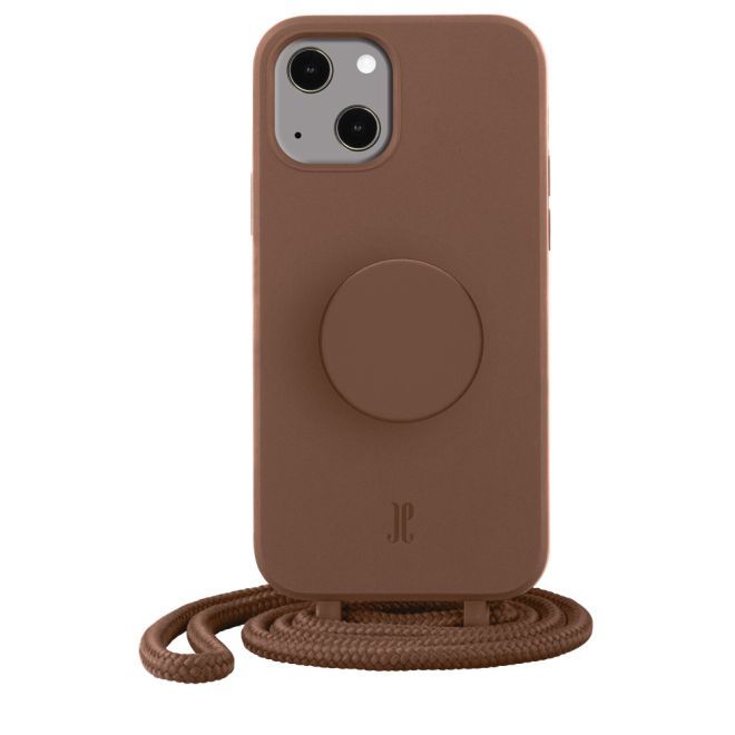 Just Elegance - Étui collier pour iPhone 13 - Chaîne de téléphone détachable et PopSockets - Marron clair