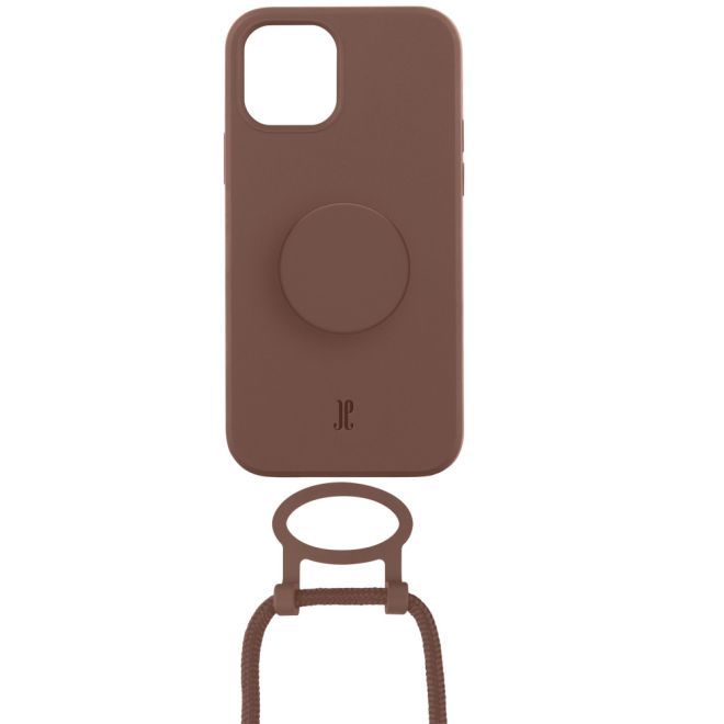 Just Elegance - Étui collier pour iPhone 13 - Chaîne de téléphone détachable et PopSockets - Marron clair