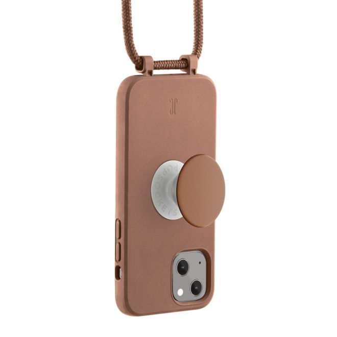 Just Elegance - Étui collier pour iPhone 13 - Chaîne de téléphone détachable et PopSockets - Marron clair