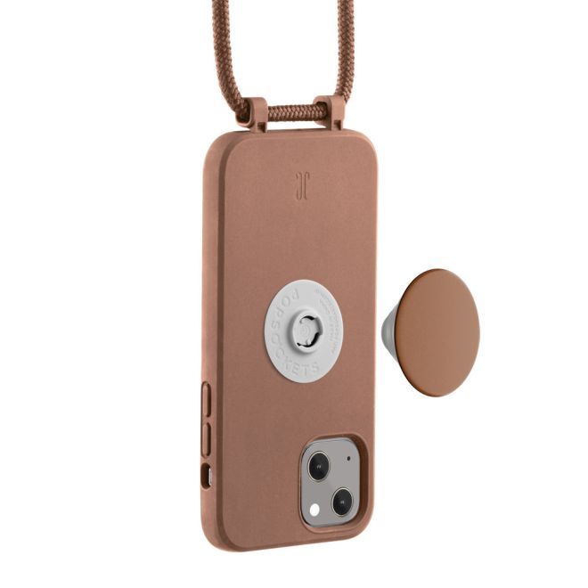 Just Elegance - Étui collier pour iPhone 13 - Chaîne de téléphone détachable et PopSockets - Marron clair
