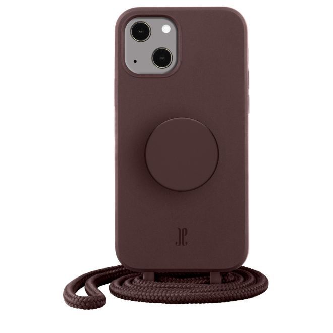 Just Elegance - Étui collier pour iPhone 13 - Chaîne détachable et PopSockets inclus - Marron