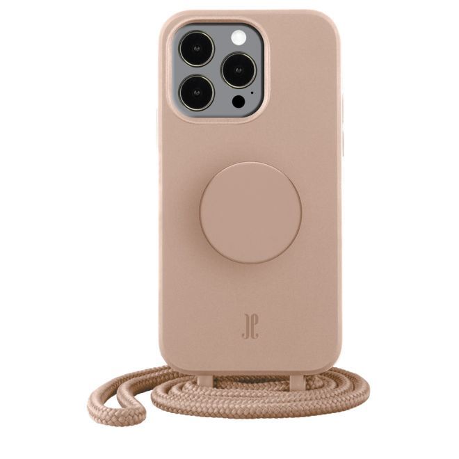 Just Elegance - Étui collier pour iPhone 13 Pro - Chaîne détachable et PopSockets inclus - Beige
