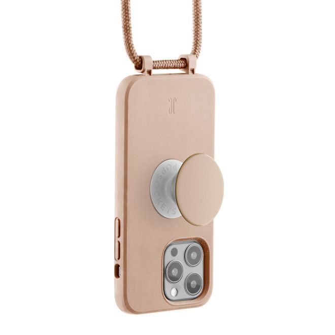 Just Elegance - Étui collier pour iPhone 13 Pro - Chaîne détachable et PopSockets inclus - Beige