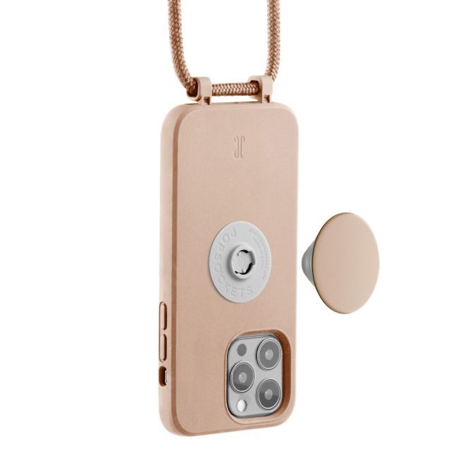 Just Elegance - Étui collier pour iPhone 13 Pro - Chaîne détachable et PopSockets inclus - Beige