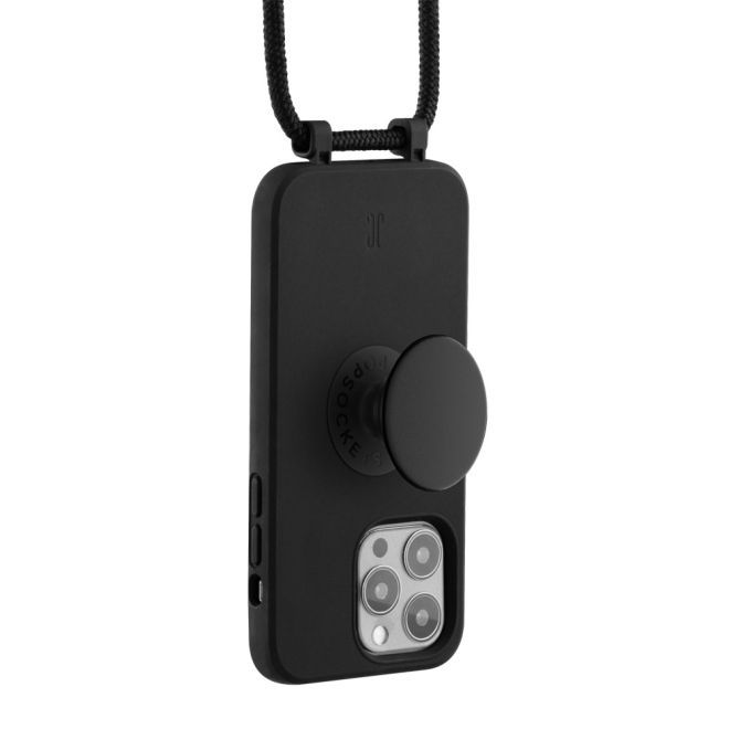 Just Elegance - Étui collier pour iPhone 13 Pro - Chaîne détachable et PopSockets inclus - Noir