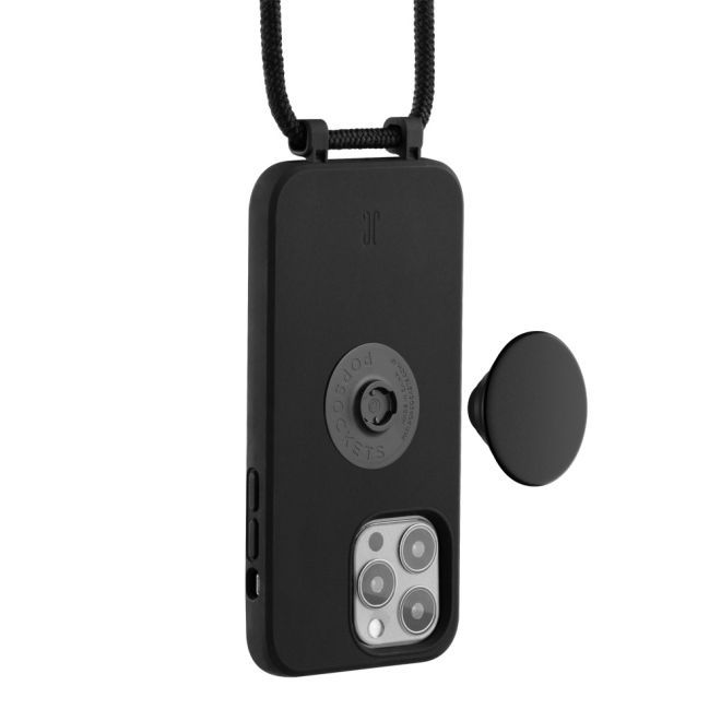 Just Elegance - Étui collier pour iPhone 13 Pro - Chaîne détachable et PopSockets inclus - Noir