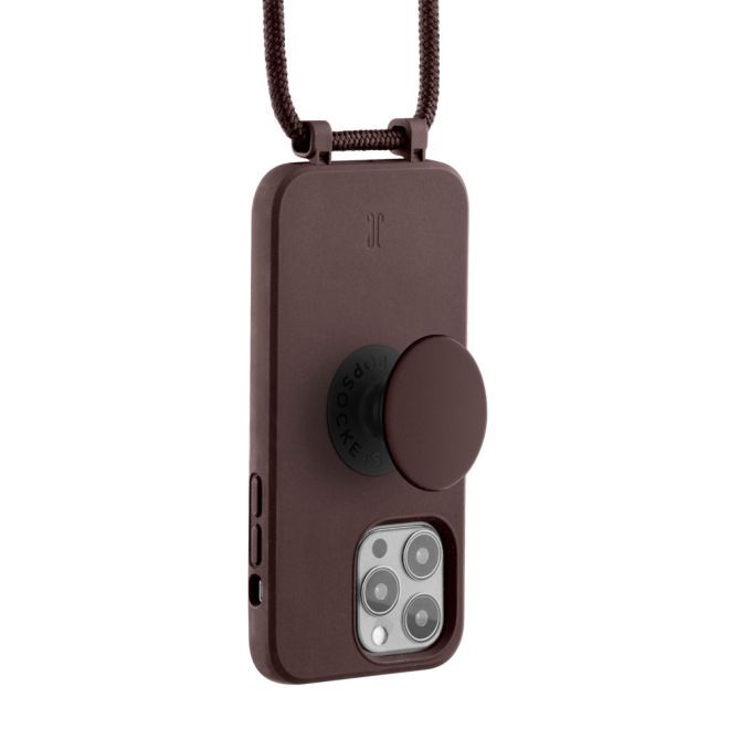 Just Elegance - Étui collier pour iPhone 13 Pro - Chaîne détachable et PopSockets inclus - Marron