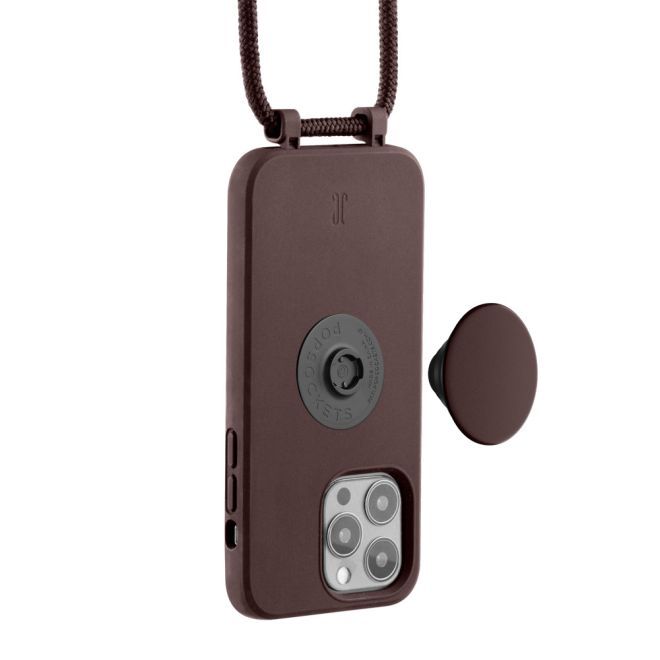 Just Elegance - Étui collier pour iPhone 13 Pro - Chaîne détachable et PopSockets inclus - Marron