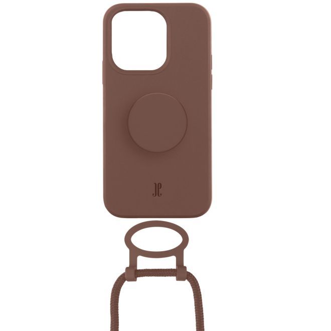 Just Elegance - Étui collier pour iPhone 14 Pro - Chaîne de téléphone détachable et PopSockets - Marron clair