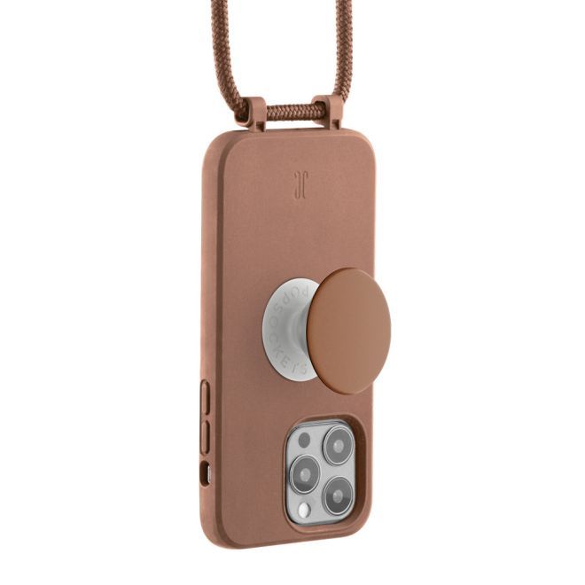 Just Elegance - Étui collier pour iPhone 14 Pro - Chaîne de téléphone détachable et PopSockets - Marron clair