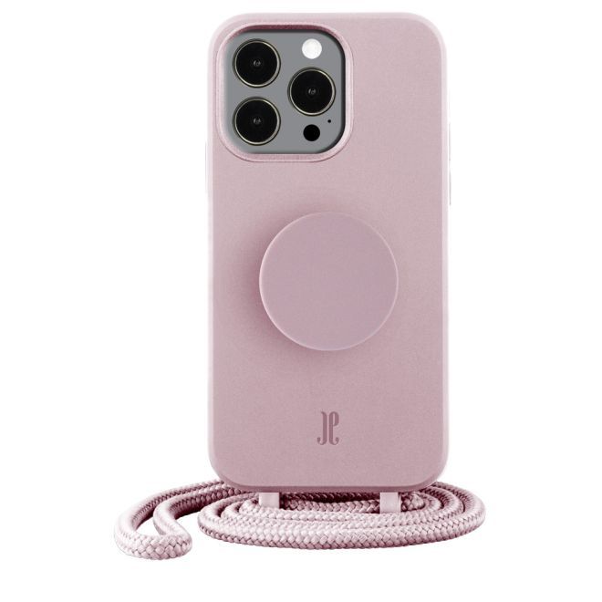 Just Elegance - Étui collier pour iPhone 14 Pro Max - Chaîne détachable et PopSockets inclus - Rose poudré