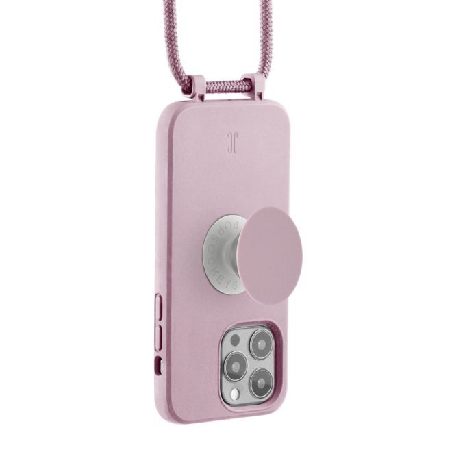 Just Elegance - Étui collier pour iPhone 14 Pro Max - Chaîne détachable et PopSockets inclus - Rose poudré
