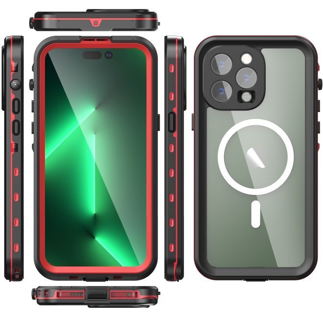 iPhone 14 Pro Max - Coque extérieure à 360° - Protection tous temps (étanche et antichoc) - MagSafe - Rouge