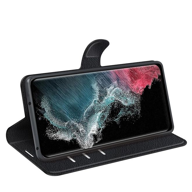 Samsung Galaxy S23 Ultra Handy Hülle - Litchi Leder Bookcover Series - schwarz