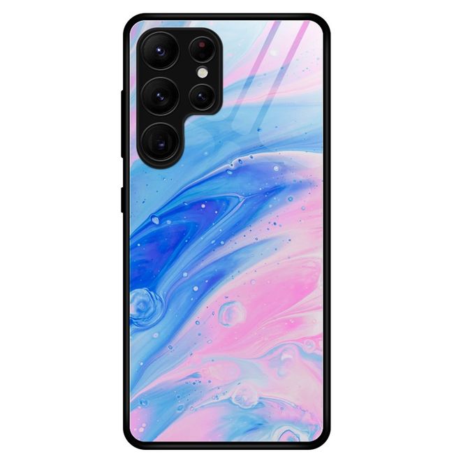 Samsung Galaxy S23 Ultra Hülle - Gehärtetes Glas Hardcase mit Soft TPU Ränder - pink-blaues Muster