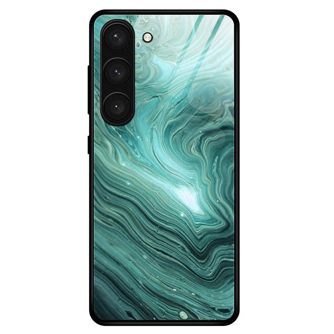 Samsung Galaxy S23+ Hülle - Gehärtetes Glas Hardcase mit Soft TPU Ränder - grünes Muster