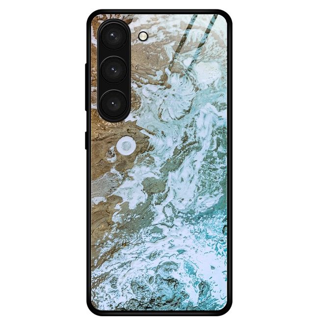 Samsung Galaxy S23+ Hülle - Gehärtetes Glas Hardcase mit Soft TPU Ränder - braun-blaues Muster