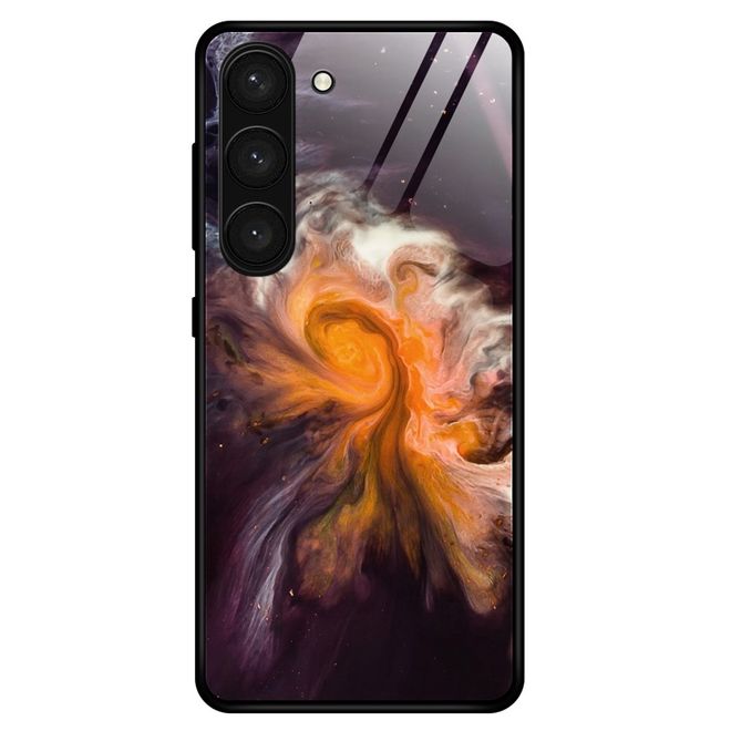 Samsung Galaxy S23 Hülle - Gehärtetes Glas Hardcase mit Soft TPU Ränder - oranges Muster