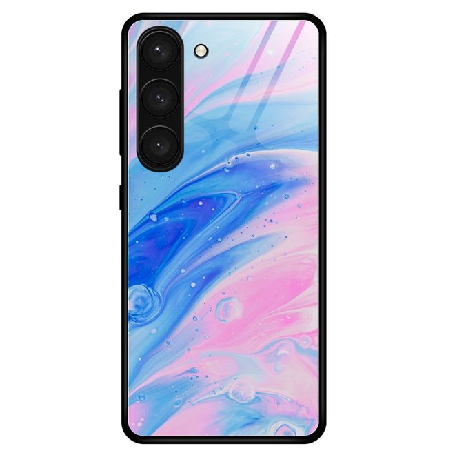 Samsung Galaxy S23 Hülle - Gehärtetes Glas Hardcase mit Soft TPU Ränder - pink-blaues Muster