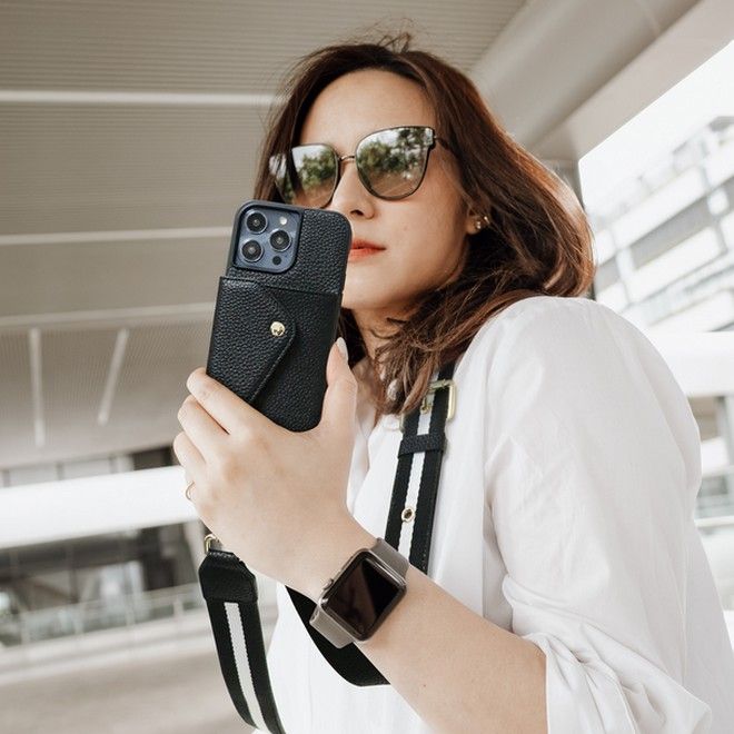 iPhone 14 Pro Handykette - Necklace Kunstleder Hülle mit Kartenfach - SK101 Series - schwarz