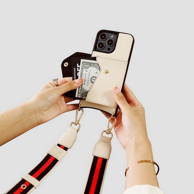 iPhone 14 Pro Handykette - Necklace Kunstleder Hülle mit Kartenfach - SK101 Series - beige