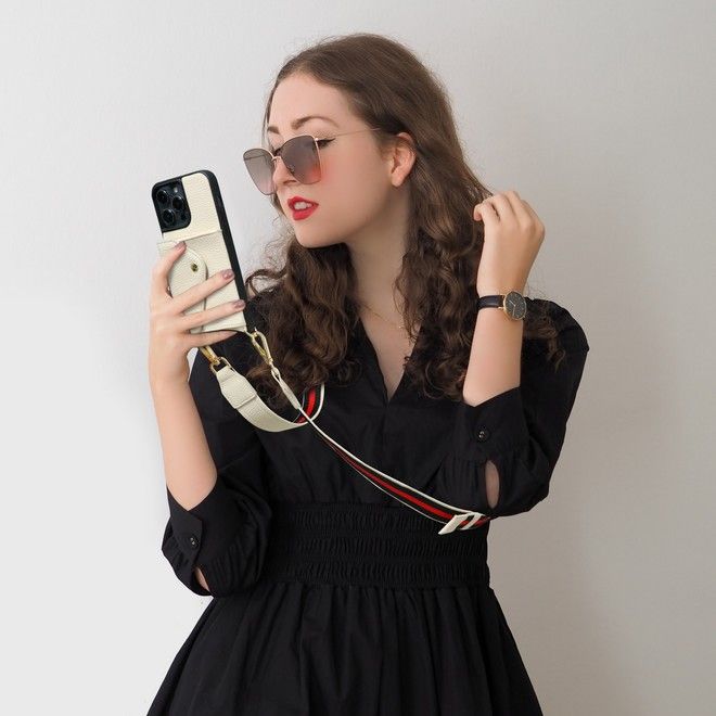 iPhone 14 Pro Handykette - Necklace Kunstleder Hülle mit Kartenfach - SK101 Series - beige