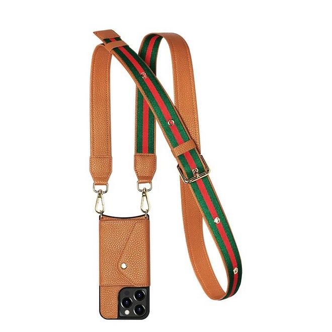 iPhone 14 Pro Max Phone Case with Necklace - Faux Leather Case with Card Slot - SK101 Series - Brown