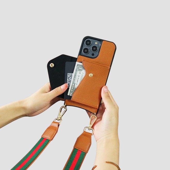 iPhone 14 Pro Max Phone Case with Necklace - Faux Leather Case with Card Slot - SK101 Series - Brown