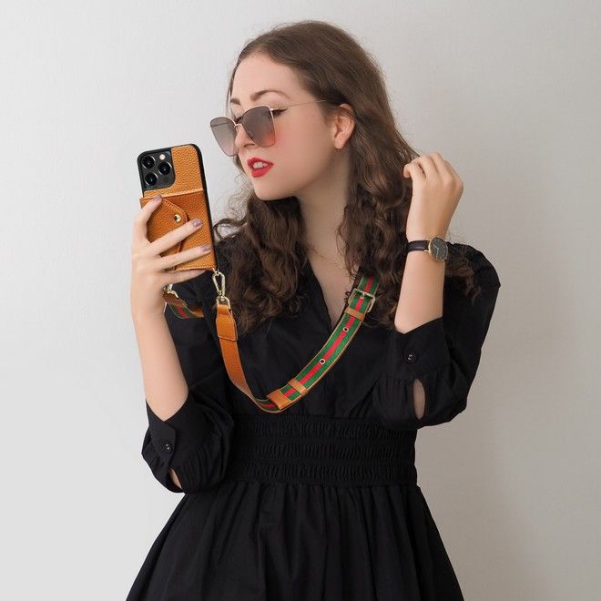 iPhone 14 Pro Max Phone Case with Necklace - Faux Leather Case with Card Slot - SK101 Series - Brown