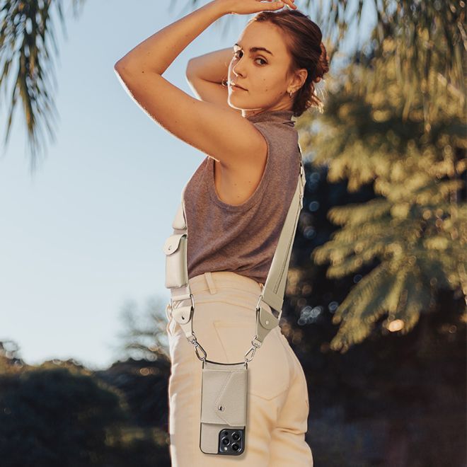 Étui collier et bandoulière pour iPhone 14 Pro en cuir véritable avec 3 compartiments intégrés - Série SK104 - Taupe