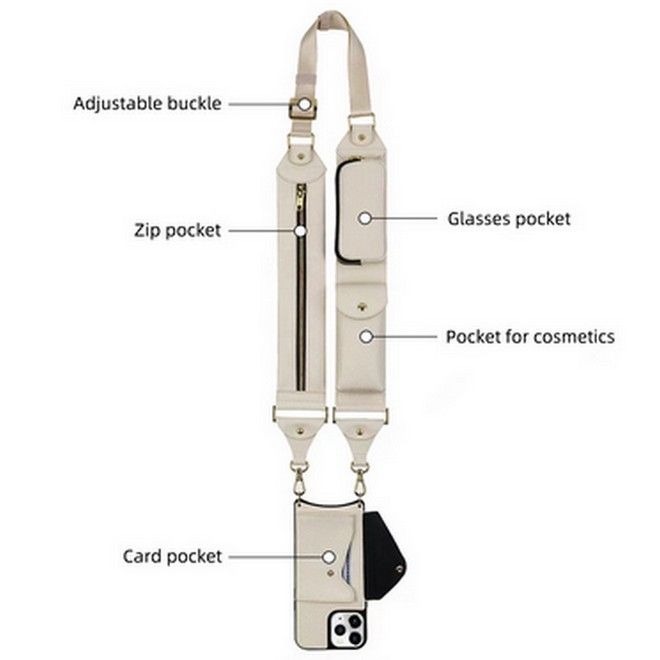 Étui collier et bandoulière pour iPhone 14 Pro en cuir véritable avec 3 compartiments intégrés - Série SK104 - Taupe