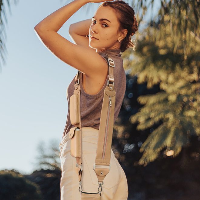 Samsung Galaxy S8 Plus Echtleder Taschengurt mit 3 Fächern - inkl. Clear TPU Hülle zum Umhängen - camel