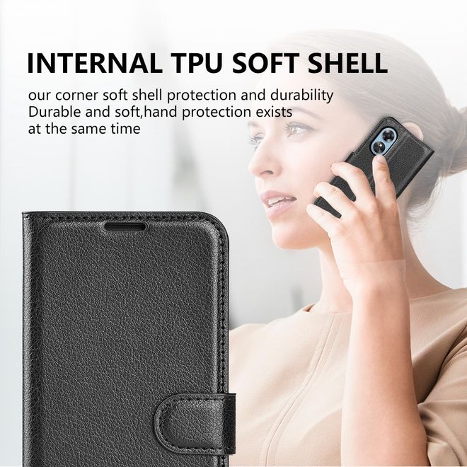 Oppo A17 Handy Hülle - Litchi Leder Bookcover Series - schwarz