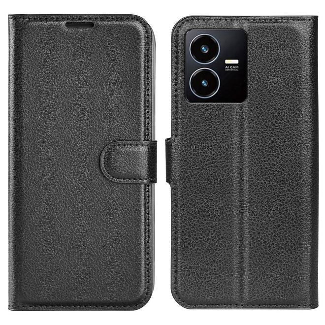 vivo Y22s Hülle - Litchi Leder Bookcover Series - schwarz