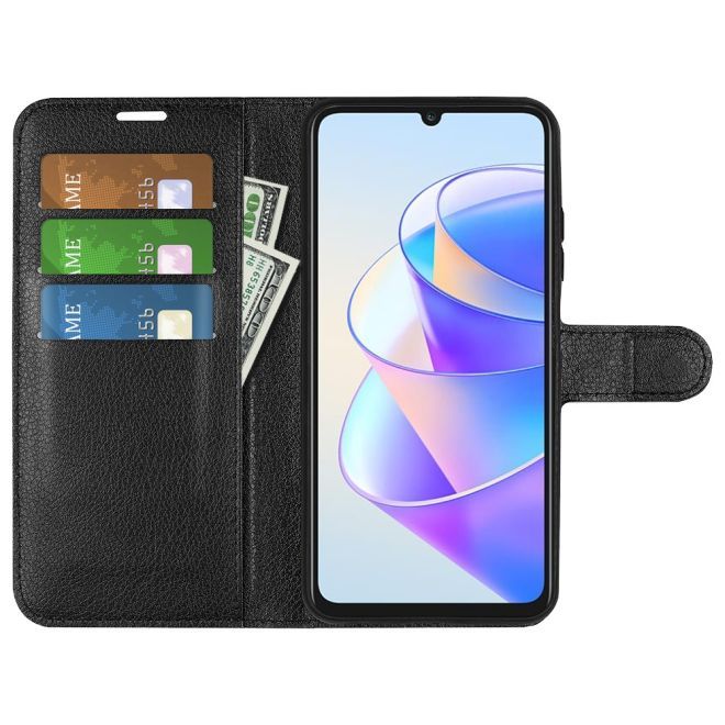 Honor X7a Hülle - Litchi Leder Bookcover Series - schwarz