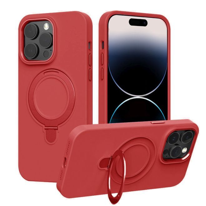 iPhone 15 Pro Max Case - Soft Case with Stand Function - Liquid Silicone MagSafe Stand Series - Red