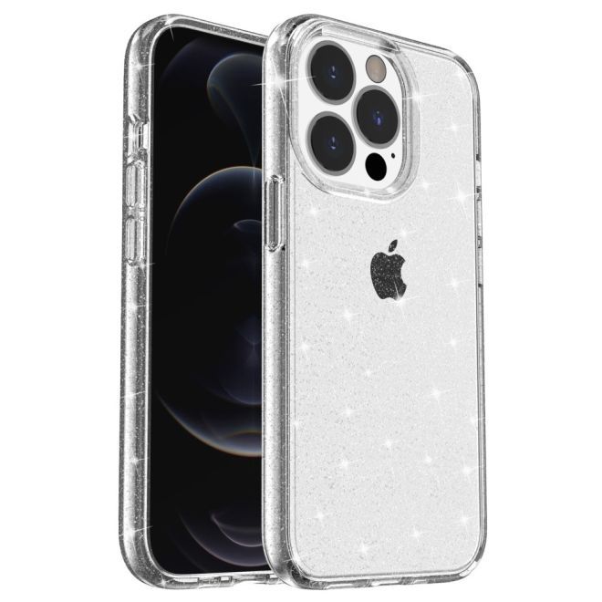 Coque pour iPhone 15 Pro - Coque rigide hybride avec bord en TPU - Série TPU souple à effet pailleté - Blanche