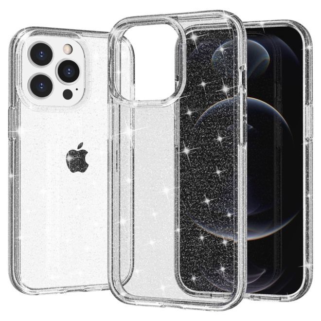 Coque pour iPhone 15 Pro - Coque rigide hybride avec bord en TPU - Série TPU souple à effet pailleté - Blanche