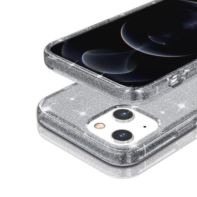 iPhone 15 Plus Case - Hybrid Hardcase with TPU Edge - Glittery Powder Soft TPU Series - Grey