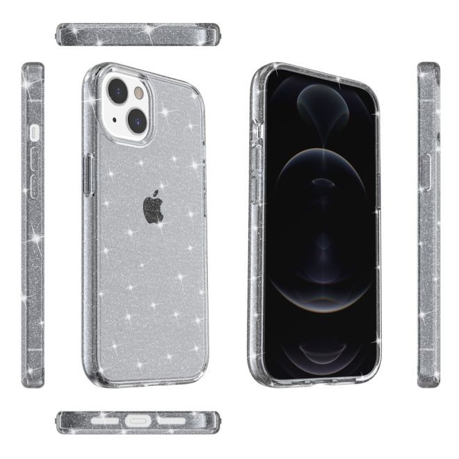 iPhone 15 Plus Case - Hybrid Hardcase with TPU Edge - Glittery Powder Soft TPU Series - Grey
