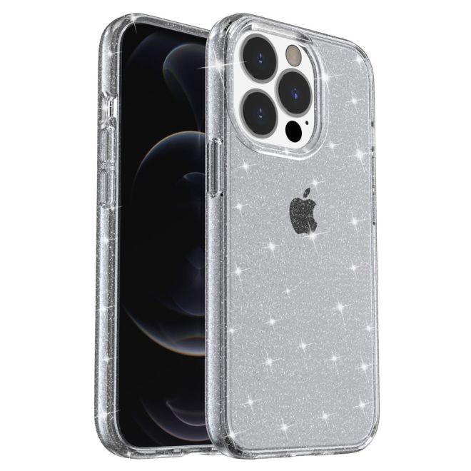 Coque pour iPhone 15 Pro Max - Coque rigide hybride avec bordure en TPU - Série TPU souple à effet pailleté - Gris
