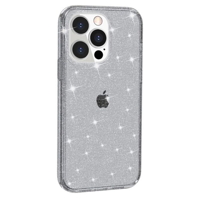 Coque pour iPhone 15 Pro Max - Coque rigide hybride avec bordure en TPU - Série TPU souple à effet pailleté - Gris