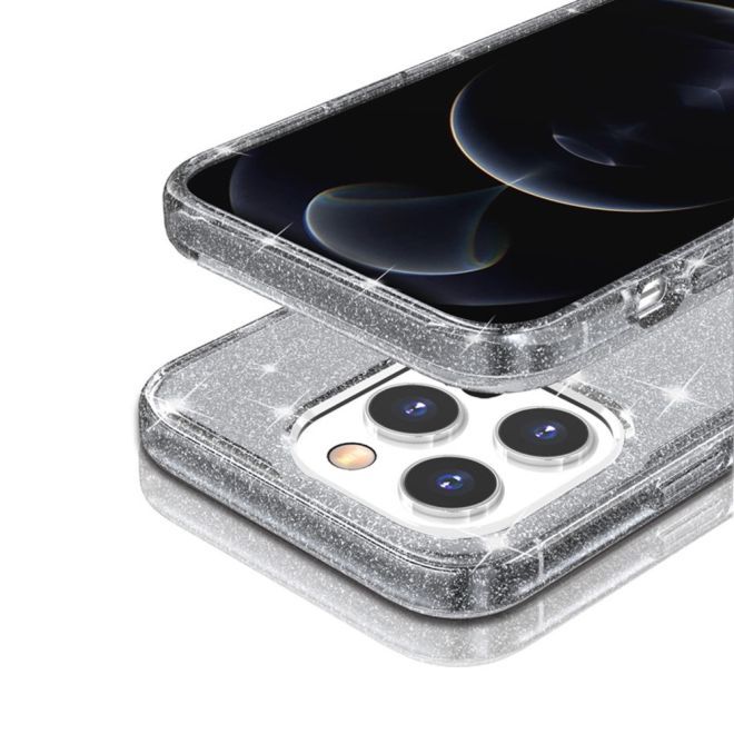 Coque pour iPhone 15 Pro Max - Coque rigide hybride avec bordure en TPU - Série TPU souple à effet pailleté - Gris