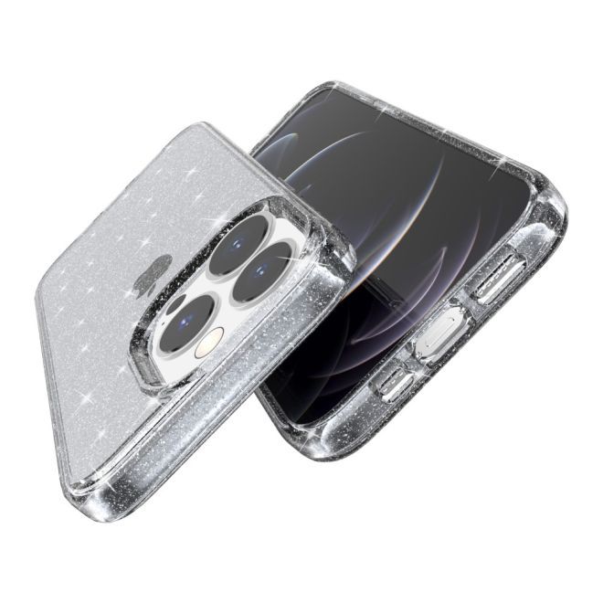 Coque pour iPhone 15 Pro Max - Coque rigide hybride avec bordure en TPU - Série TPU souple à effet pailleté - Gris