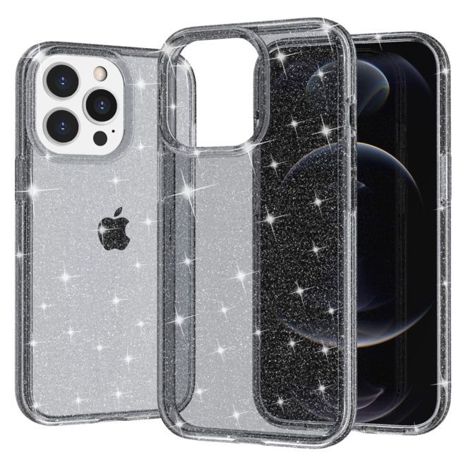 Coque pour iPhone 15 Pro Max - Coque rigide hybride avec bordure en TPU - Série TPU souple à effet pailleté - Gris